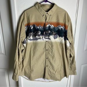 Croft & Barrow Wolf Western Button Down Outdoor Shirt Mens XXL Beige Long Sleeve